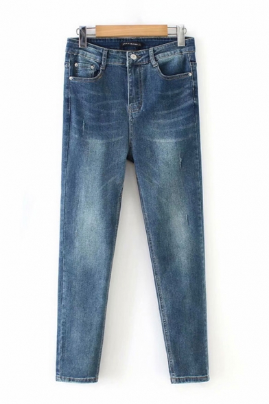 Blue Vintage Womens Jeans Medium Wash Stretch High Waist Zipper Fly Ankle Length Slim Fit Tapered Jeans