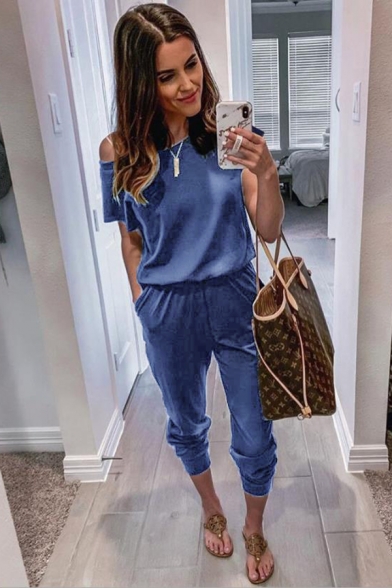 Casual Fashion Womens Short Sleeve Drop Shoulder Solid Color Ankle Relaxed Fit Jumpsuit