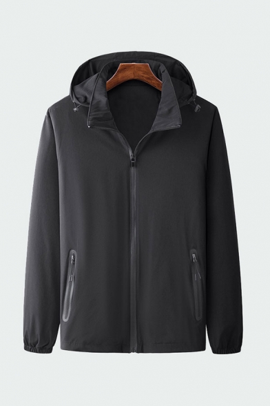 Chic Jacket Plain Hooded Long-sleeved Drawstring Elastic Cuff Zip Closure Regular Fitted Windbreaker Jacket for Men
