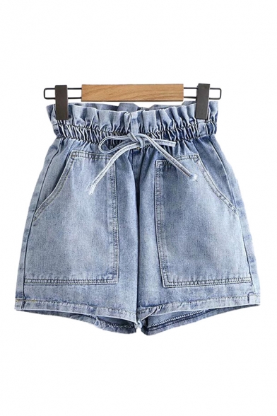 Chic Ladies Shorts Light Wash Pocket Drawstring Paperbag Waist High Rise Elastic Regular Fitted Shorts