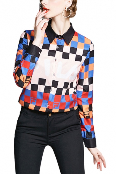 Chic Womens Color Block Button Up Turn Down Collar Long Sleeve Regular Fit Shirt