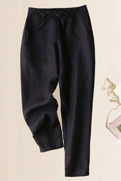 Classic Womens Pants Solid Color Drawstring Waist Regular Fit 7/8 Length Tapered Relaxed Pants