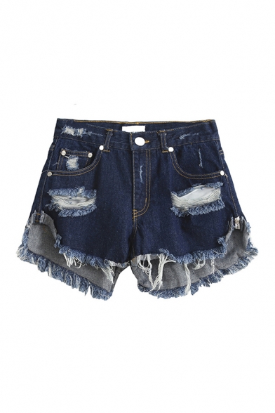 Dainty Women's Shorts Patched Detail Distressed Zip Closure Rivets Pockets Mid Rise Regular Fit Jean Shorts with Washing Effect