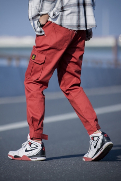 Designer Fashion Solid Color Multi-zip Pocket Drawstring Waist Elastic Cuffs Mens Trendy Cargo Pants