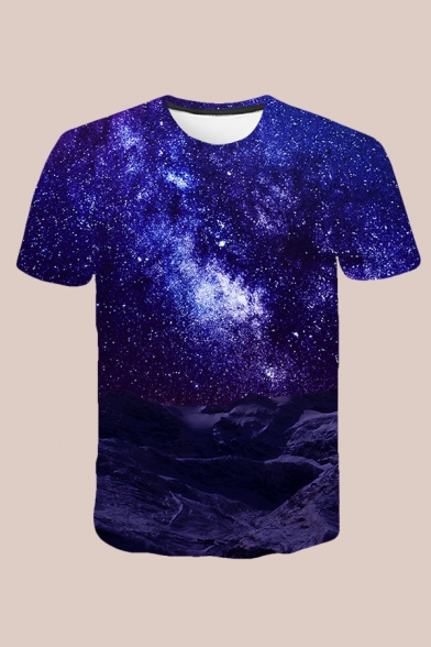 Dressy T-Shirt 3D Galaxy Planet Pattern Short Sleeve Crew Neck Regular Fit T-Shirt for Men