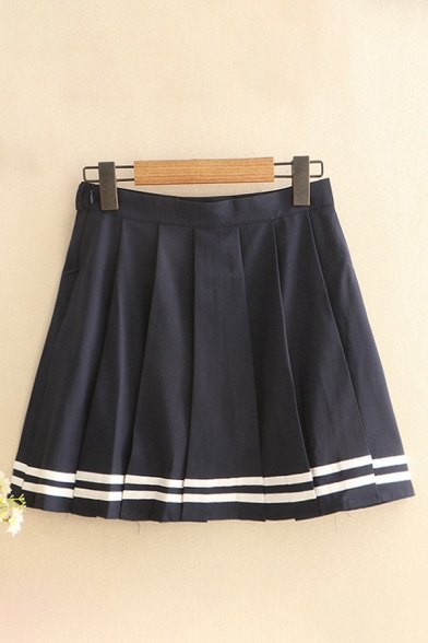 Elegant Ladies Skirt Striped Pattern Pleated Zipper side High Waist Mini A-Line Skirt
