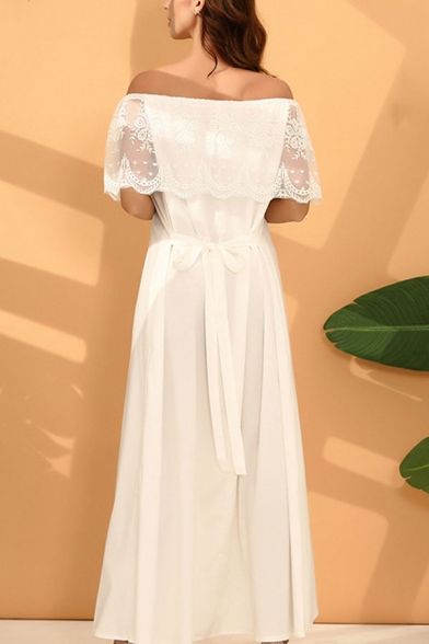 Elegant White Sheer Lace Panel Short Sleeve Off the Shoulder Maxi A-line Evening Dress for Women