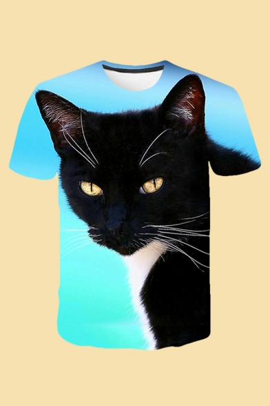 Fancy Mens Tee Top 3D Cat Pattern Short Sleeve Round Neck Regular Fitted Tee Top