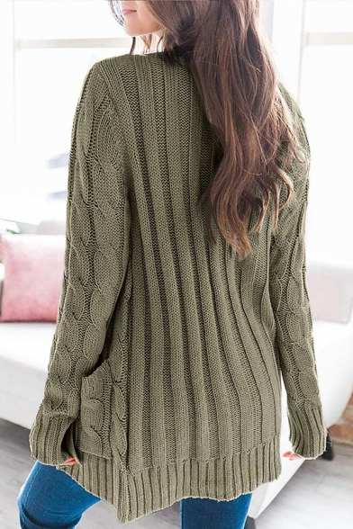 Fancy Solid Color Long Sleeve Button Up Cable Knit Loose Fit Cardigan
