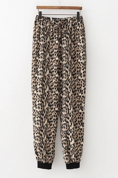 Female Stylish Drawstring Waist Leopard Printed Cuffed Ankle Relaxed Brown Tapered Trousers