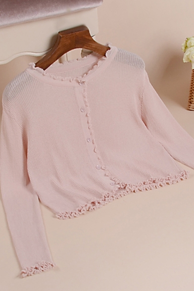 Lovely Girls Solid Color Button Up Lettuce Trim Crew Neck Long Sleeve Regular Fit Cropped Knitted Sweater
