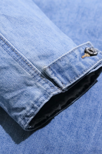 Men's Chic Jacket Curved Hem Long Sleeve Hooded Button Closure Acid Wash Pocket Regular Fitted Denim Jacket