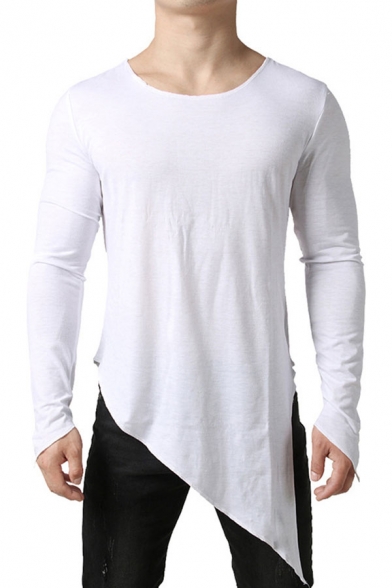 Men's Trendy T-Shirt Solid Color Round Neck Asymmetrical Hem Long-sleeved Regular Fitted T-Shirt
