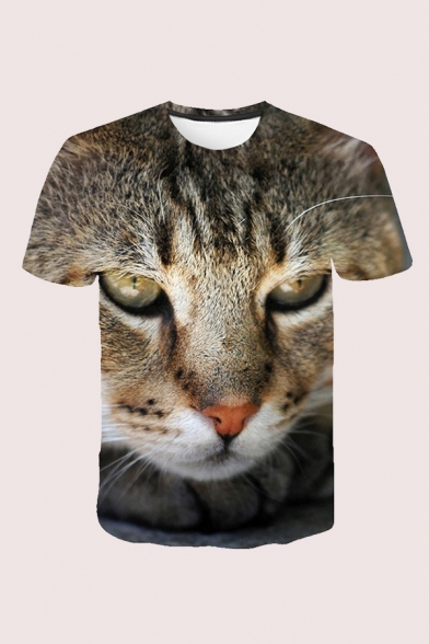 Mens 3D T-Shirt Fashionable Cat Head Pattern Regular Fit Short Sleeve Round Neck T-Shirt