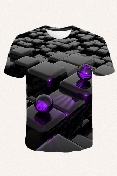 Mens 3D T-Shirt Trendy Geometric Cube Ball Pattern Crew Neck Short Sleeve Regular Fitted T-Shirt
