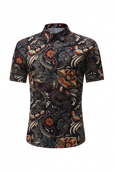 Mens Fashion Shirt Plant Floral Leaf Dots Tribal Printed Point Collar Button up Curved Hem Short Sleeves Slim Fitted Shirt