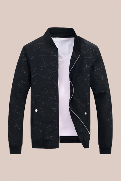 Mens Jacket Fashionable Abstract Line Printed Anti-Wrinkle Zipper up Long Sleeve Stand Collar Regular Fitted Varsity Jacket