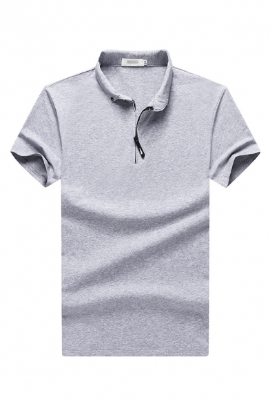 Mens Polo Shirt Chic Solid Color Cotton Turn-down Collar 1/4 Zip Detail Short Sleeve Slim Fit Polo Shirt