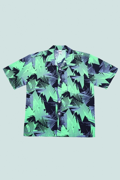 Mens Shirt Trendy Hibiscus Leaf Abstract Sailing Boat Tree Pineapple Pattern Notch Collar Button-down Regular Fit Short Sleeve Shirt