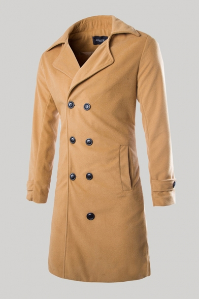 Mens Trench Coat Chic Plain Double-Breasted Button Tab Cuffs Long Sleeve Notched Lapel Collar Slim Fitted Woolen Coat