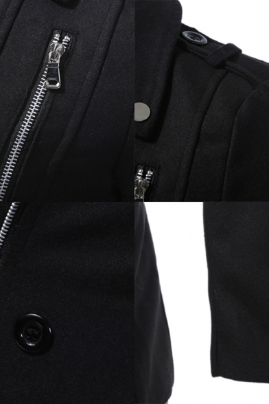 Mens Trench Coat Creative Zipper Button Embellished Long Sleeve Notched Lapel Collar Slim Fitted Woolen Coat