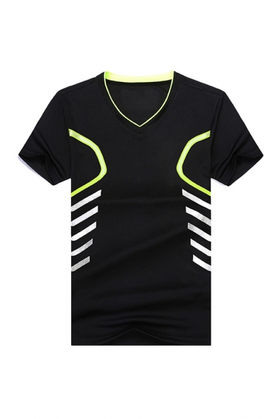 Modern Top Tee Stripe Line Pattern Regular Fit Short-sleeved V-Neck T-Shirt for Men