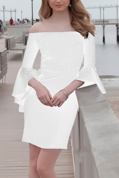 Plain Print Ruffle Detail Off The Shoulder Short Sleeve Mini Bandeau White Dress