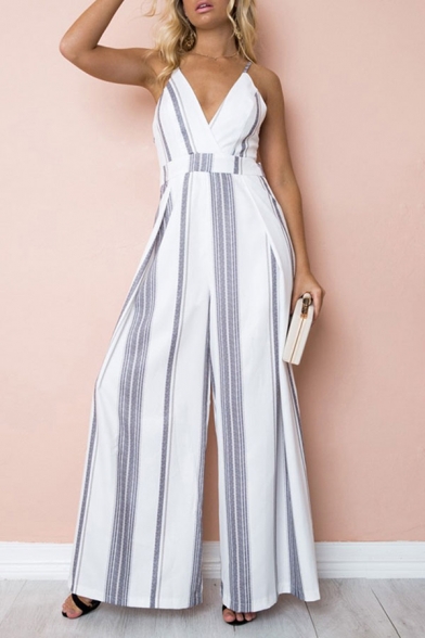 

Novelty Womens Jumpsuits Striped Printed Sleeveless Tie-Back Full Length Surplice Neck Regular Fitted Wide Leg Jumpsuits, Gray;coffee, LM685929