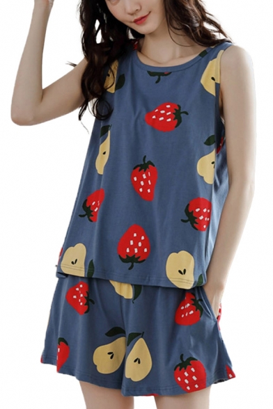 Pop Ladies All Over Fruit Print Crew Neck Sleeveless Loose Tank Top & Pocket Shorts Pajama Set in Blue