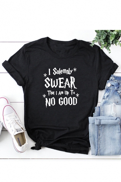 Popular Letter I Solemnly Swear Print Roll Up Sleeve Crew Neck Fit T-shirt for Women