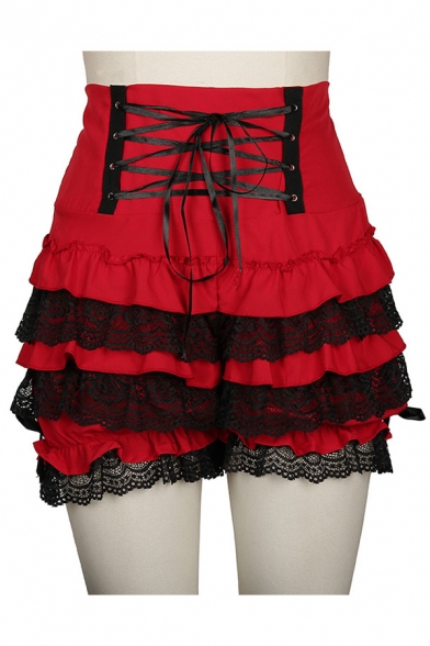 Pretty Girls Lace Trim Lace-up Waist Tiered Mini A-line Skirt