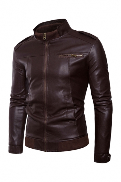 Retro Mens Jacket Epaulets Zipper up Long Sleeve Mock Neck Slim Fitted Leather Jacket