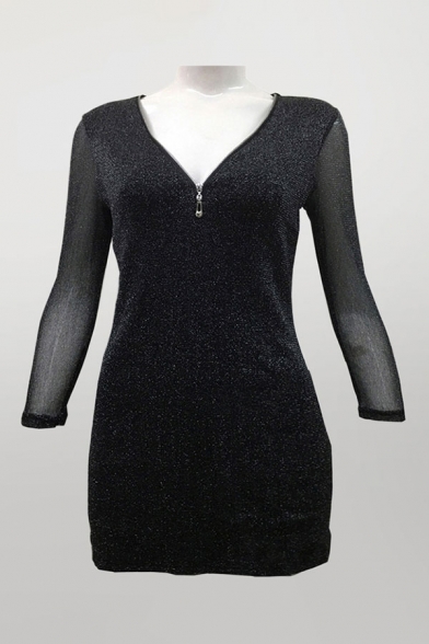 Sexy Ladies Black Glitter Sheer Long Sleeve Deep V-neck Half Zipper Mini Bodycon Dress