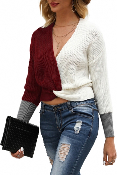 Sexy Womens Color Block Twist Hem V Neck Long Sleeve Fitted Cropped Knitwear Pullover Sweater