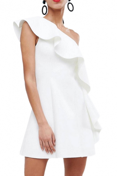 Stylish Womens Plain Backless Ruffled One Shoulder Sleeveless Mini A-Line Dress in White