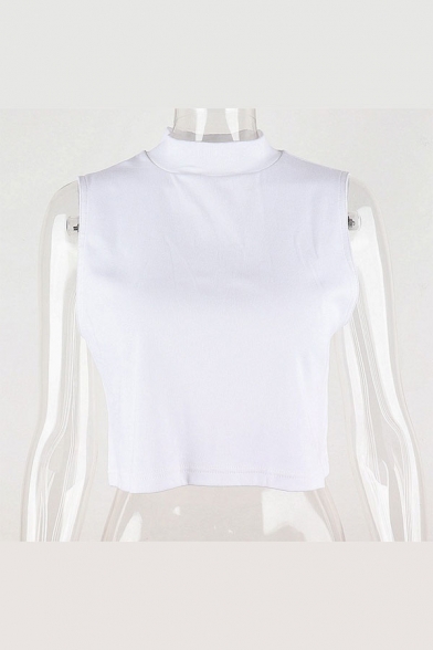 Trendy White Sleeveless Mock Neck Relaxed Crop Tank Top for Women