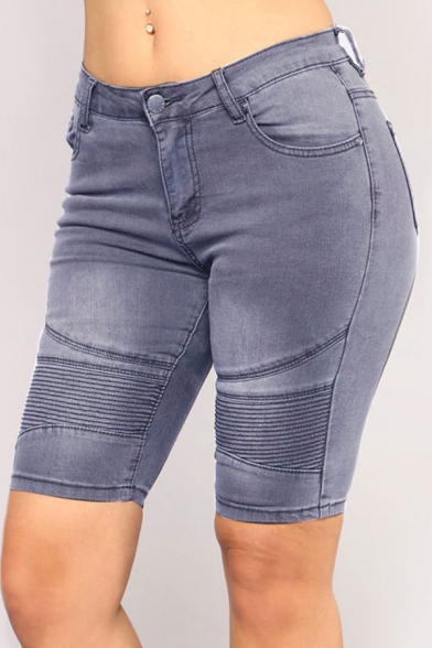 Vintage Womens Shorts Faded Wash Pleated Roll-up Stretch Slim Fitted Zipper Fly Denim Shorts