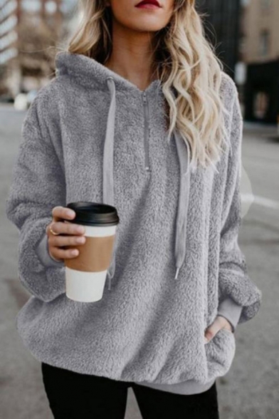 Winter's Warm Fleece Fashion Long Sleeve Loose Fitted Short Light Gray Hoodie