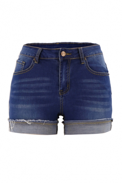 Womens Blue Shorts Chic Medium Wash Frayed Rolled Cuffs Slim Fitted Zipper Fly Denim Shorts
