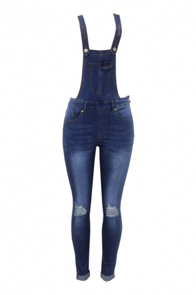 Womens Overalls Pants Fashionable Medium Wash Ripped Roll-up 7/8 Length Tapered Overalls Pants