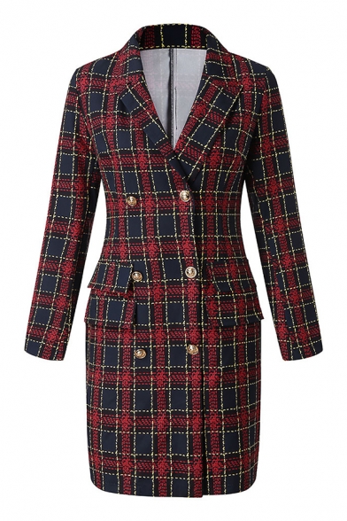 Womens Sexy Red and Green Plaid Print Long Sleeve Lapel Collar Double Breasted Slim Fit Classic Blazer Dress