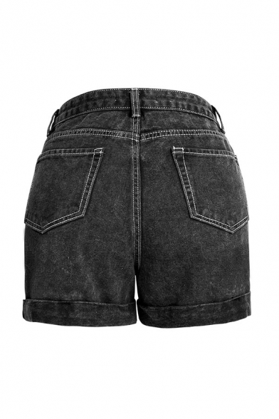 Womens Shorts Black Fashionable Snowflake Wash Rolled Cuffs High Rise Zipper Fly Slim Fitted Denim Shorts