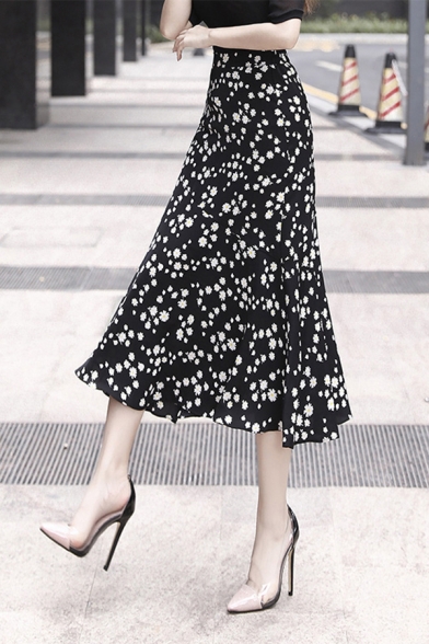 

Womens Skirt Casual Daisy Printed Zipper Fly Chiffon Midi Black A-Line Skirt, LM668888