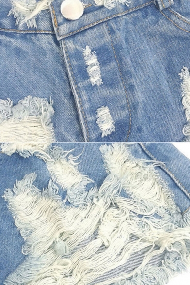 Womens Trendy Shorts Ripped Pockets Acid Wash Slim Mid-rise Mini Zip Placket Denim Shorts