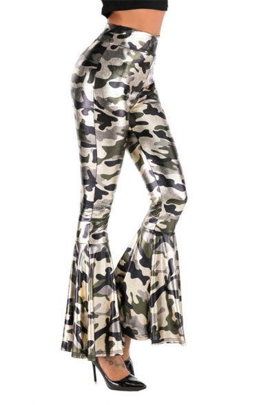 Womens Trendy Trousers Camouflage Animal Leopard Pattern Flared Full Length High-rise Elastic Waist Ruffled Trousers