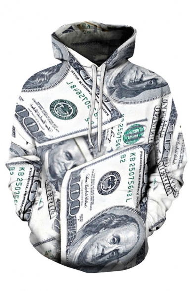 All Over Cash 3D Print Long Sleeve Drawstring Pouch Pocket Loose Chic Hoodie in White