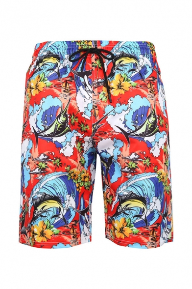 All Over Flower Printed Drawstring Waist Straight Casual Shorts for Men