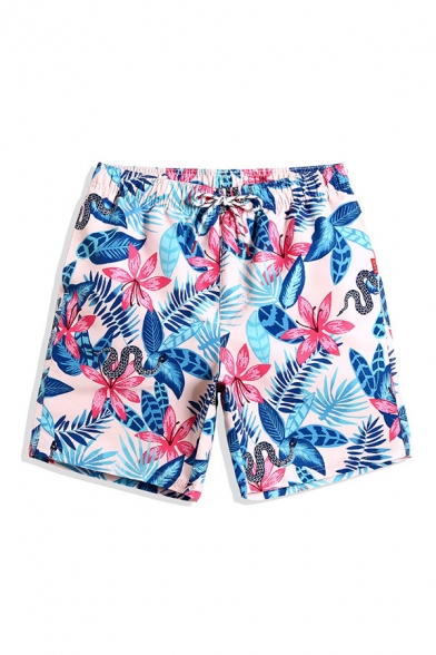 All Over Flwoer Patterned Drawstring Waist Straight Fancy Shorts in Blue