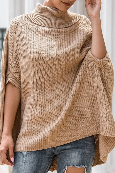 Camel Popular Womens Plain Turtleneck Dolman Sleeve Plus Size Knit Poncho Pullover Sweater