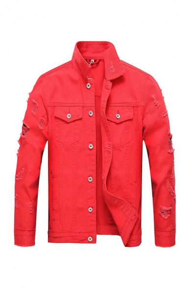 Chic Jacket Solid Color Pockets Spread Collar Long-sleeved Button Closure Ripped Regular Fitted Denim Jacket for Men